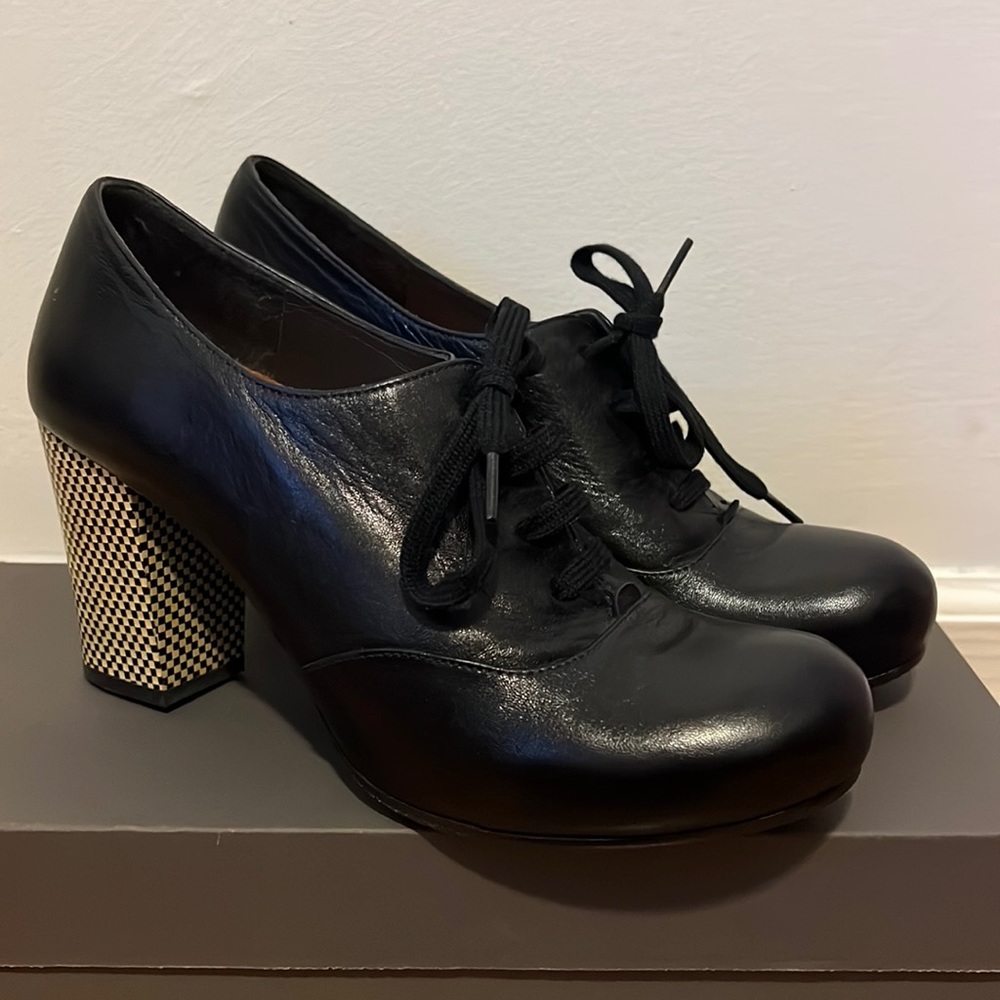 Anthropologie Chie Mihara Black Checkerboard Lace-up Heels SIZE 41